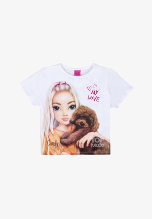 Weißes Baumwoll-T-Shirt mit einem Grafikmotiv eines Mädchens mit langen blonden Haaren, das einen braunen Hund hält, mit dem Text "MEINE LIEBE" in Pink.