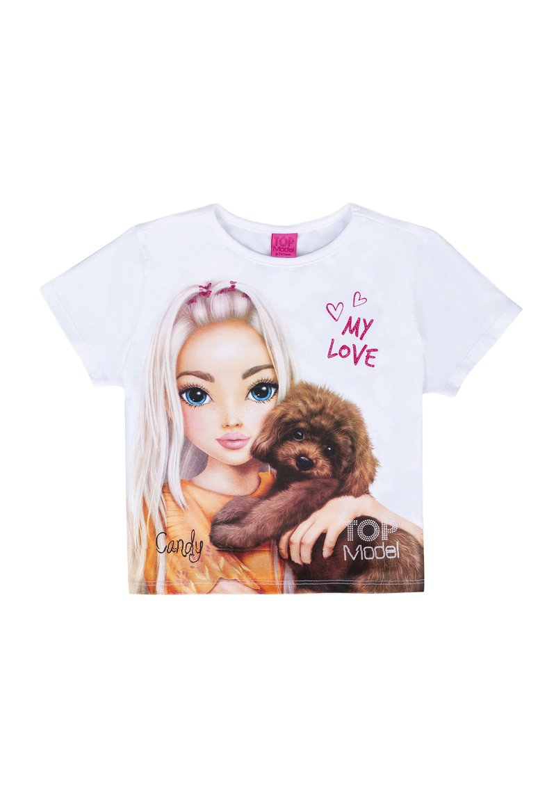 T-shirt bianco in cotone con una grafica di una ragazza con lunghi capelli biondi che tiene un cane marrone, con il testo "IL MIO AMORE" in rosa.