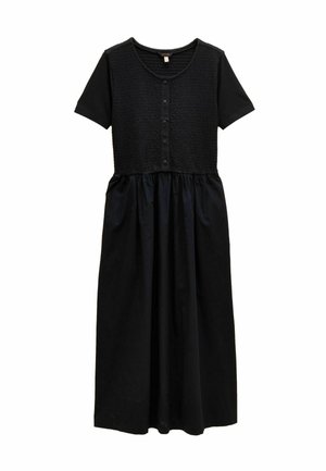 Schwarzes Kleid mit kurzen Ärmeln, strukturiertem Oberteil mit Knopfdetails und gerafftem Rock. Hergestellt aus weichem Stoff mit lockerer Passform.