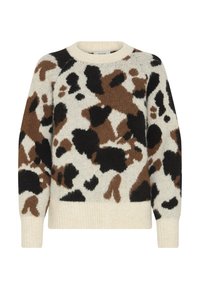 Maglione lavorato a maglia crema con motivi astratti marroni e neri. Presenta un collo tondo e polsini a coste, che aggiungono texture e calore.