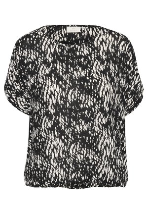 Črno-bela majica s kratkimi rokavi, ki ima teksturiran, abstrakten vzorec. Ohlapen kroj z okroglim izrezom in mehkimi tkaninami.