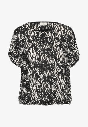 Črno-bela majica s kratkimi rokavi, ki ima teksturiran, abstrakten vzorec. Ohlapen kroj z okroglim izrezom in mehkimi tkaninami.