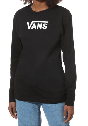 Černé tričko s dlouhým rukávem vyrobené z bavlny, s kulatým výstřihem a výrazným bílým logem "VANS" na hrudi.
