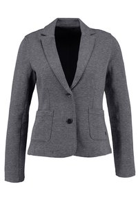 Šedé sako se zářezovými klopami, zapínáním na jeden knoflík a dvěma předními kapsami. Tkanina s texturou a jemným vzorem. Střih na tělo.