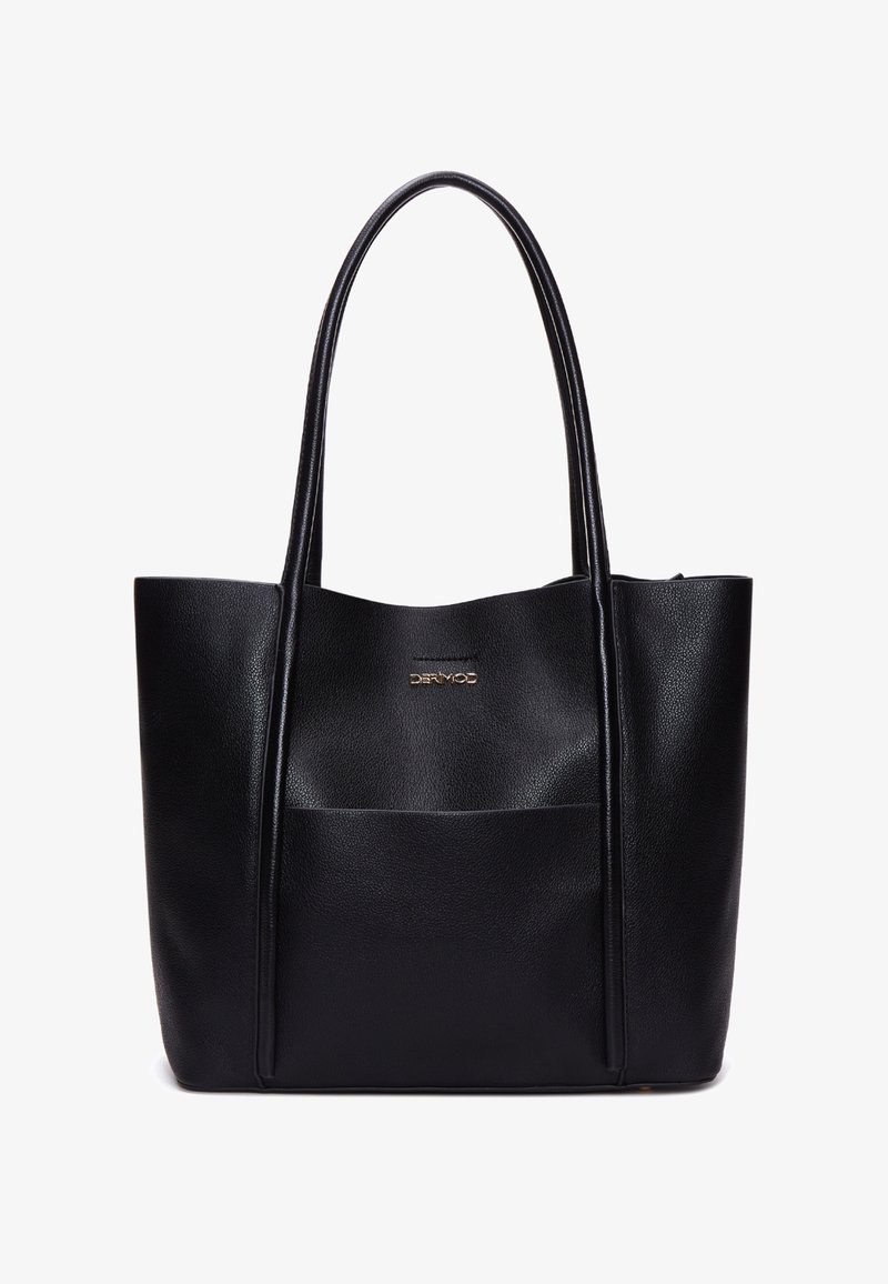 Czarna skórzana torba na ramię z dwiema długimi rączkami, o usztywnionej formie, z teksturowaną powierzchnią i przednią kieszenią. Posiada złoty detal z logo.