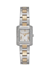 Rectangular silver and gold watch with a crystal-accented bezel, white dial, gold Roman numerals, and a metallic link bracelet.