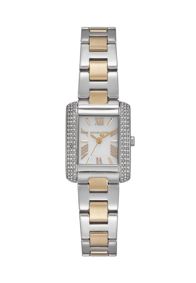 Rectangular silver and gold watch with a crystal-accented bezel, white dial, gold Roman numerals, and a metallic link bracelet.