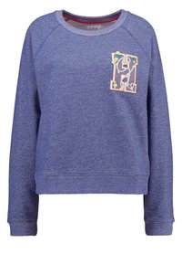 Sudadera de algodón azul con cuello redondo acanalado y mangas raglán, que presenta un ligero diseño bordado en el frontal con acentos florales.