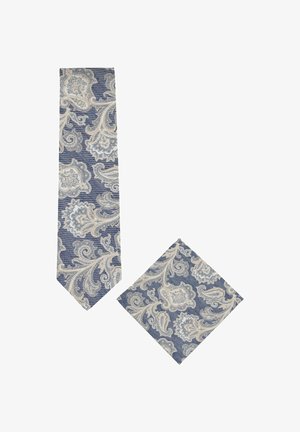 Set van stropdas en pochet met een ingewikkeld beige en grijs bloemen paisleypatroon op een blauwe achtergrond.