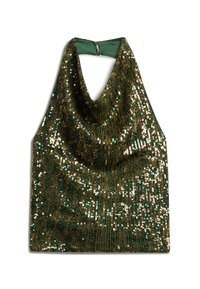 Halsband haltertop van groene paillettenstof met gouden accenten, met een gedrapeerd ontwerp en een sluiting aan de achterkant van de hals.