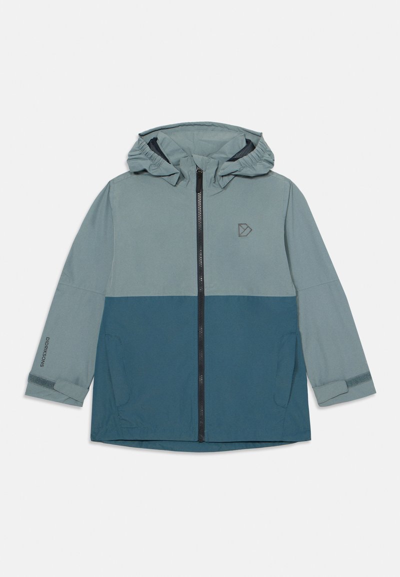 Wasserdichte Jacke mit zwei Farben in Hellgrau und Petrol. Mit Kapuze, Reißverschluss und elastischen Bündchen.