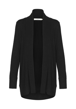 Schwarze Strickjacke mit Schalkragen, offener Vorderseite, gerippten Bündchen und einem strukturierten Strickdesign. Der Stoff wirkt weich und warm.