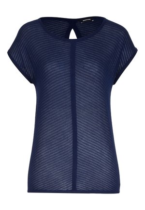 Haut à manches courtes bleu marine en tissu transparent et texturé avec des rayures horizontales. Il présente un col rond et un détail de dos en keyhole.