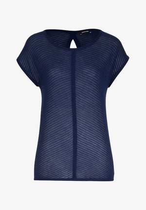 Top de manga corta azul marino en una tela sheer y texturizada con rayas horizontales. Cuenta con un escote redondo y un detalle de abertura en la parte posterior.