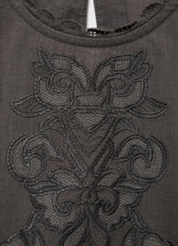 Tessuto nero con intricate ricami floreali neri, caratterizzato da motivi a spirale e un collo a scallop. Dettagli della superficie testurizzati visibili.