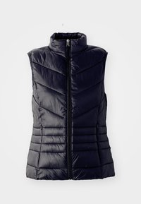 Navy padded vest with a high collar, featuring chevron stitching, a front zipper, and no sleeves. Smooth, shiny texture.