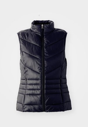 Gilet imbottito blu navy con alto colletto, caratterizzato da cuciture a zigzag, zip frontale e senza maniche. Texture liscia e lucida.