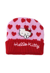 Gebreide beanie in het roze met rode hartpatronen, voorzien van een geborduurd Hello Kitty-ontwerp en een rode geribde boord met de tekst "Hello Kitty".
