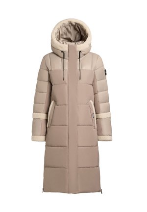Beige puffer coat with a large, soft-lined hood, featuring quilted texture, side pockets, and fur accents along the cuffs and pockets.