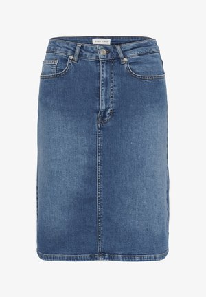 Sinine põlveni ulatuv teksaseelik ees taskute, vööaasade ja nööpidega vöökohal.