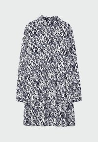 Langärmliges Kleid aus leichtem Stoff mit einem schwarz-weißen Leopardenfleckenmuster, plissiertem Rock und Kragen.