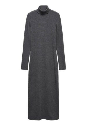 Robe col roulé en maille côtelée gris foncé à manches longues, coupe droite, longueur mi-mollet.