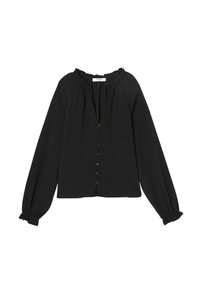 Blouse noire en tissu léger, dotée d'un col froncé, de manches longues avec des poignets élastiques et d'une fermeture à boutons sur le devant.