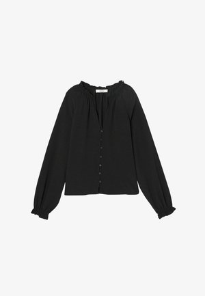 Blouse noire en tissu léger, dotée d'un col froncé, de manches longues avec des poignets élastiques et d'une fermeture à boutons sur le devant.