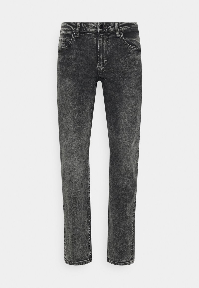 Jeans de mezclilla negra con una textura desgastada, corte recto y diseño de cinco bolsillos. Cuenta con pasadores de cinturón clásicos y cierre de cremallera.