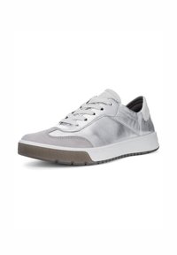 Low-top silver sneaker with white laces, suede toe cap, and white and gray rubber sole, shown at a slight left angle.