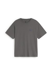 Grijs katoenen T-shirt met korte mouwen, ronde hals en een klein blauw logo op de voorkant. Gladde textuur en een comfortabele, losse pasvorm.