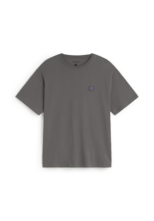 Gray cotton t-shirt with short sleeves, crew neck, and a small blue logo patch on the front. Smooth texture and relaxed fit.