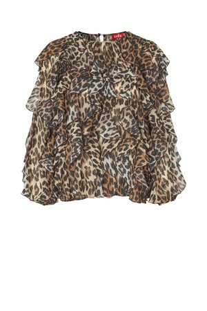 Hihaton pitkähihainen paita, jossa kerroksittaiset röyhelöt ja monivärinen leopardin kuosi ruskean, beigen ja mustan sävyissä, napitus niskan takana.