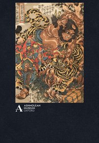 Impresión ukiyo-e colorida que representa una figura musculosa con una expresión feroz dominando a un tigre a rayas entre el follaje, con patrones detallados visibles.