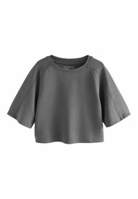 Haut gris à manches courtes, ample, fabriqué dans un tissu lisse avec un large col rond et des manches raglan. Pas de motifs ni d'accents visibles.