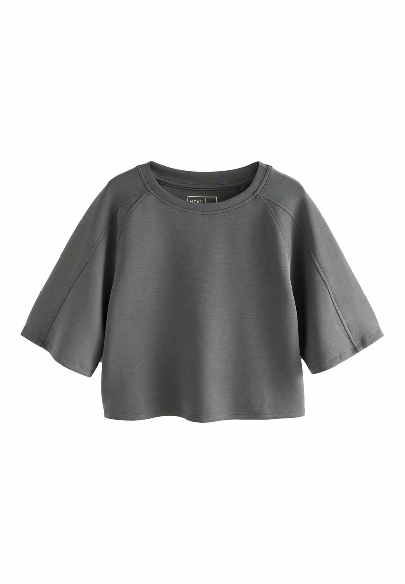 Haut gris à manches courtes, ample, fabriqué dans un tissu lisse avec un large col rond et des manches raglan. Pas de motifs ni d'accents visibles.