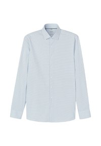 Hellblaues langärmliges Hemd aus Baumwolle mit kleinem Punktemuster, einem Button-Down-Kragen und durchgehender Knopfleiste.