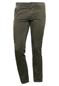 Olivgröna byxor i bomullsblandning med smal passform, frampocketar och en enkel knappstängning i midjan.