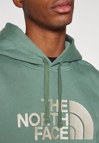 Hanorac verde cu glugă și șnururi, cu un logo mare de culoare crem "THE NORTH FACE" și un grafic curbat pe partea din față. Textură moale a materialului.