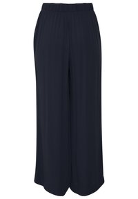 Pantalon large bleu marine à taille élastique et tissu lisse, présenté à plat sur un fond blanc.