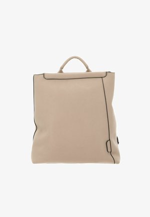 Beige leather backpack with black trim, rectangular shape, top handle, and a smooth texture. Contains a zip closure and subtle branding detail.