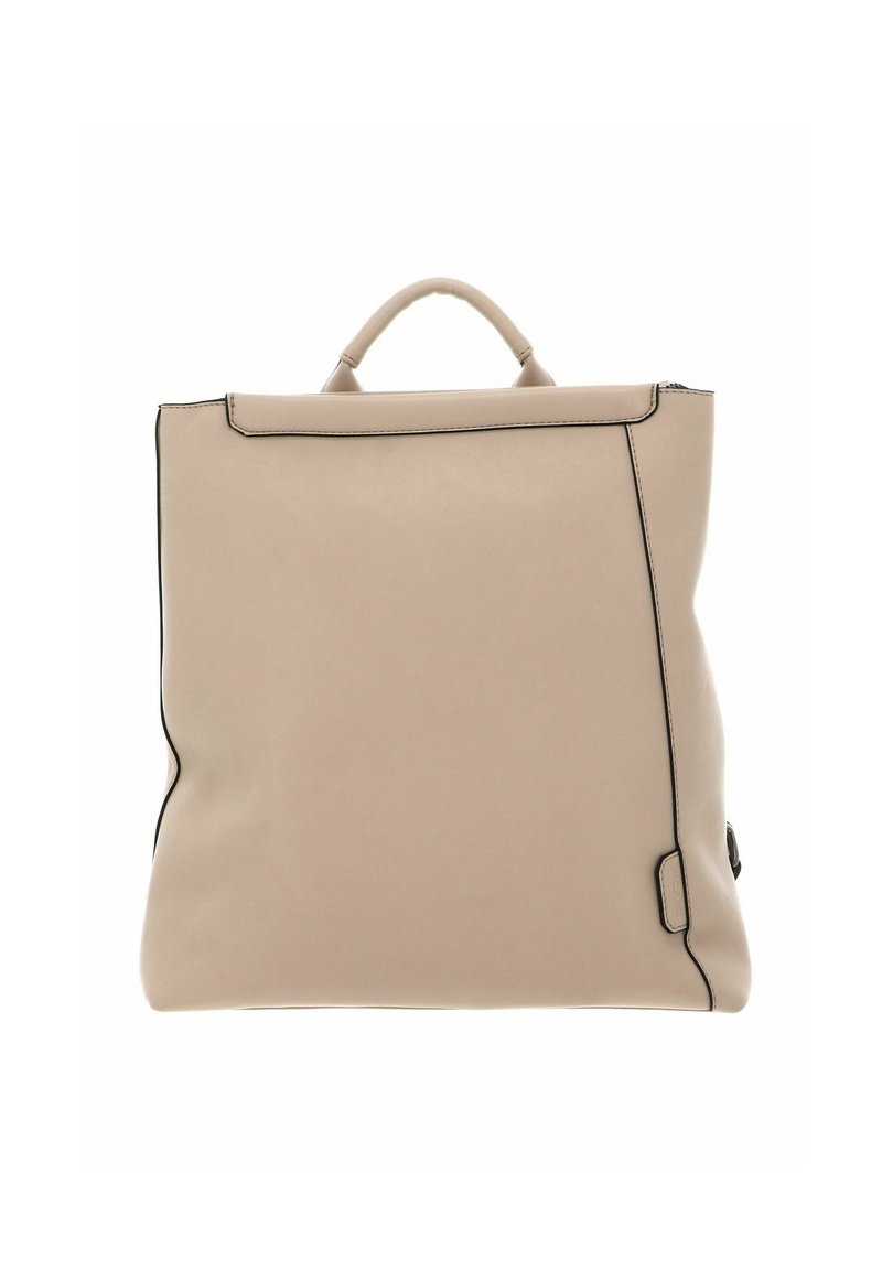 Beige leather backpack with black trim, rectangular shape, top handle, and a smooth texture. Contains a zip closure and subtle branding detail.
