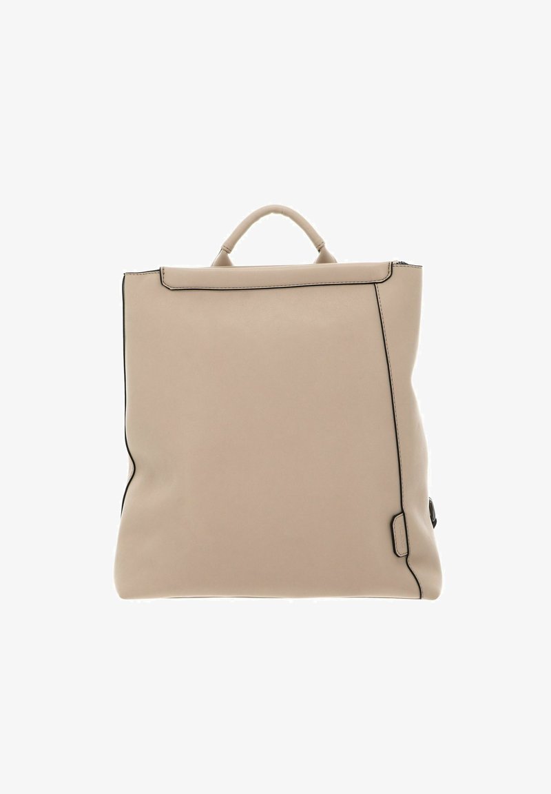Beige leather backpack with black trim, rectangular shape, top handle, and a smooth texture. Contains a zip closure and subtle branding detail.