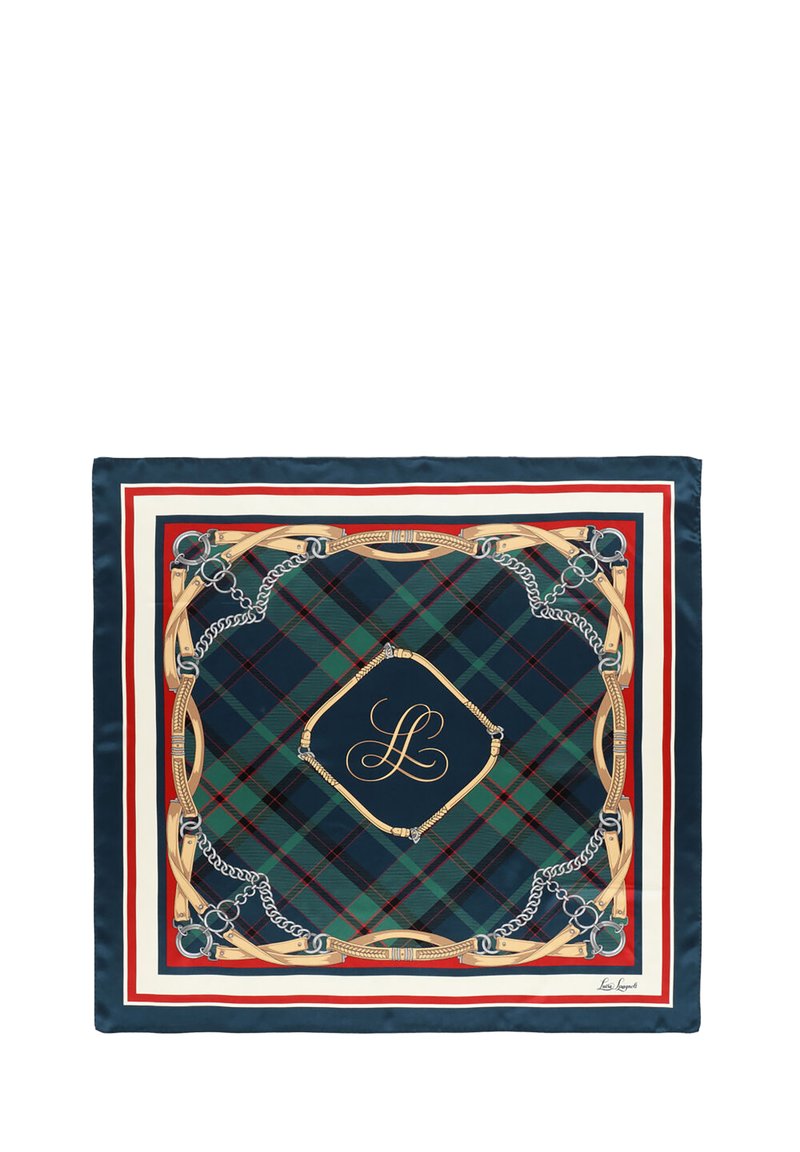 Hedvábný šátek s zeleno-náměšťovým tartanovým vzorem, lemovaný červenou a bílou, s akcenty zlatého řetězu a udidla a s monogramem.