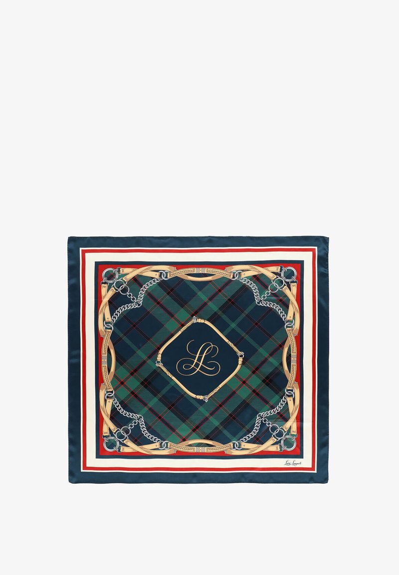 Svila šal z zeleno in mornarsko modrim tartan vzorcem, obdan z rdečo in belo, s poudarki z zlatih verig in konjičkih ter monogramom.