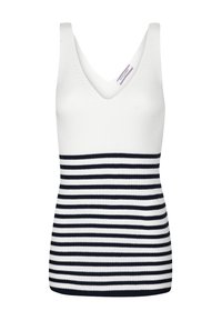 Top bianco a costine senza maniche con scollatura a V profonda e strisce orizzontali blu navy che attraversano la parte inferiore. Tessuto misto cotone.