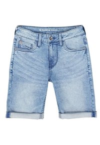 Shorts in denim blu chiaro sbiadito con risvolti, design a cinque tasche e chiusura anteriore con bottone in metallo. Tessuto testurizzato. Etichetta del marchio visibile.