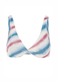 Haut de bikini triangle avec devant torsadé en tissu texturé, avec des rayures diagonales bleues et roses sur fond blanc.