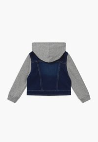 Giubbotto in denim con cappuccio grigio, caratterizzato da un design corto, retro blu scuro e maniche grigie. Dettagli di cucitura visibili lungo le cuciture.