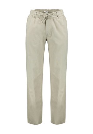 Beżowe spodnie casual z elastycznym pasem i sznurkiem do wiązania, proste nogawki, bez widocznych kieszeni ani ozdób.